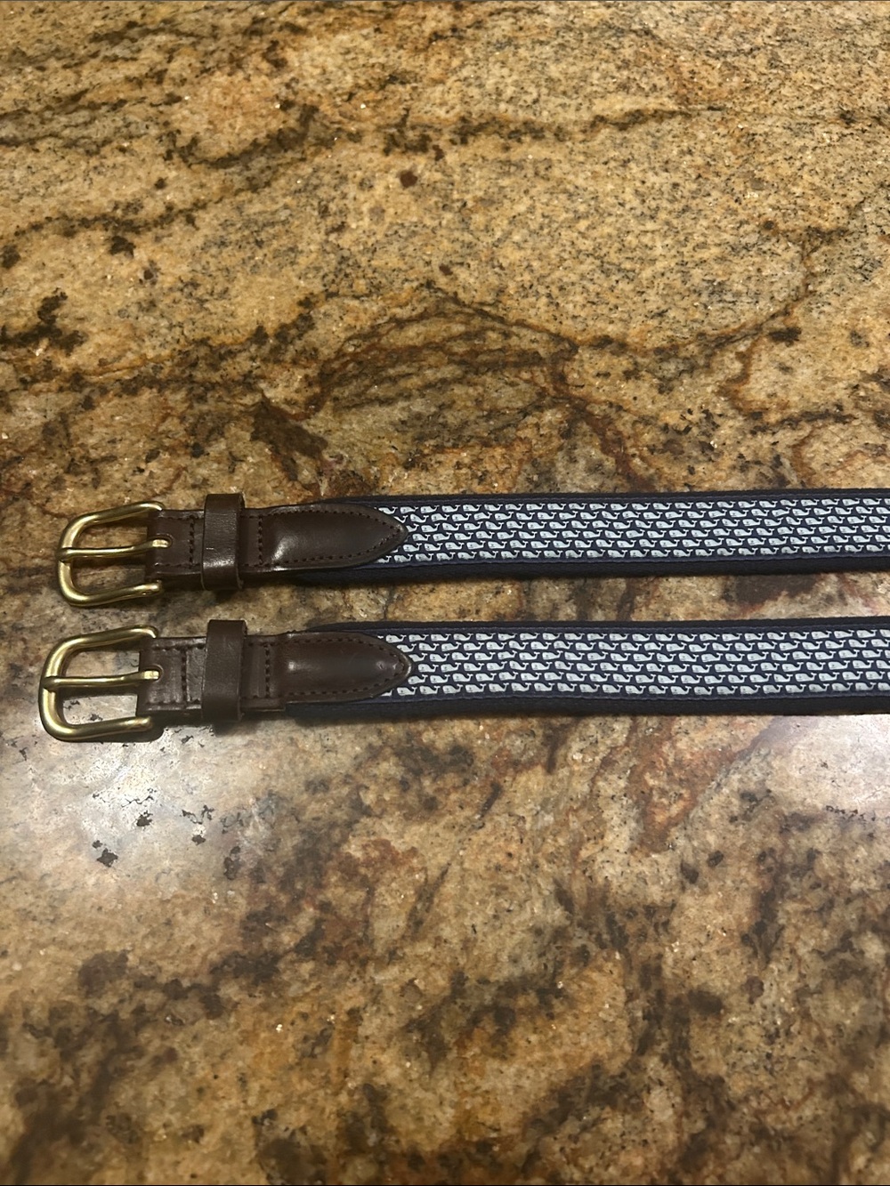 Vineyard Vines Brown Leather-Trim Navy Whale Patterned Belt